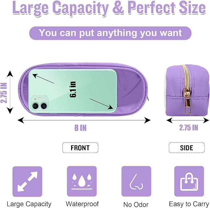 Nylon Small Clear Slim Preppy Cosmetic Zipper Pouch, PVC Toiletry Clutch Coin Makeup Organizer for Women Girls (Purple)