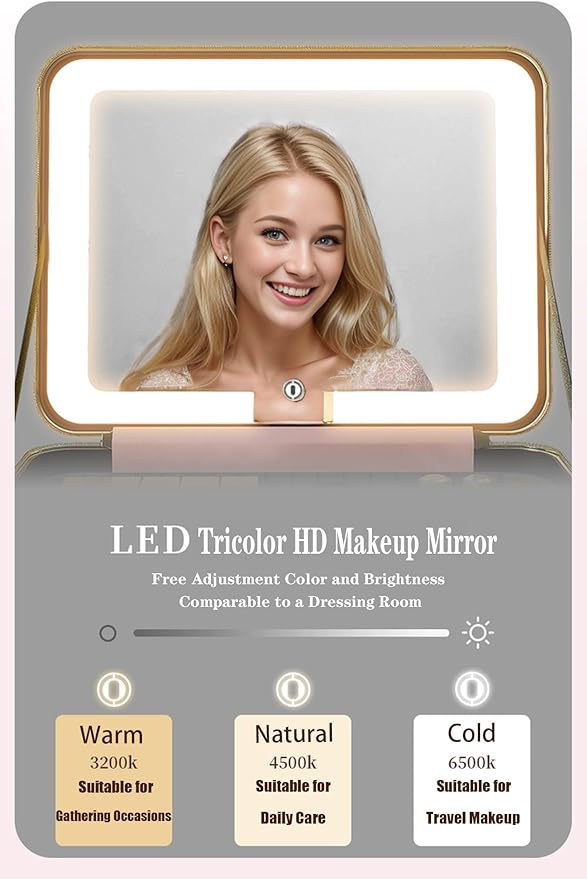 Travle Makeup Bag with LED Mirror, Portable Makeup Artist Organizer Case with Lighted Mirror, Makeup Bag with Adjustable Dividers, Cosmetic Brush Storage Box for Women Gift