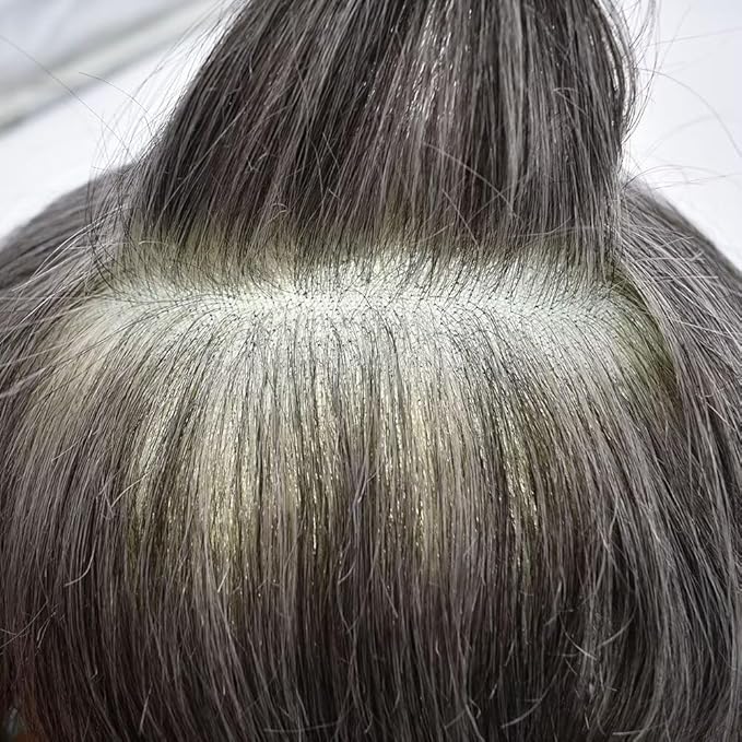 FACE MIRACLE Toupee for Men French Lace Mens Toupee Human Hair Replacement System Thin Skin Around Man Hairpieces V-Looped PU Front Hair Prosthesis 6"X9" #1B60 Off Black with 60% Gray