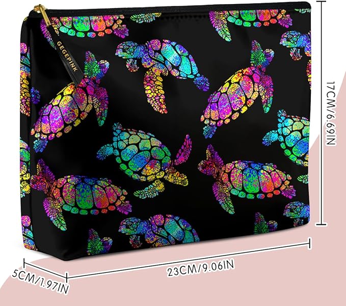 Cute Makeup Bag for Purse Waterproof Cosmetic Bags for Women Funny Smooth Zipper Travel Toiletry Pouch 10X8 Inches-Rainbow Turtle Makeup pouch