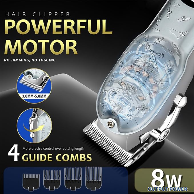 Professional Silver Hair Clippers for Men Cordless Barber Kit with Trimmer, Stainless Steel Blades, Adjustable Lever, LED Display, Type-C Charging Grooming Set Gifts,Ideal for Home Baber & Travel
