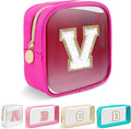 Mini Clear Personalized Initial Makeup Bag,Small Nylon Waterproof Zip Beach Cosmetic Pouch,Preppy A-Z Chenille Letter Patch Cute Coin Purse Travel Toiletry Bag Car Pack Bag for Women(Hot Pink-White V)