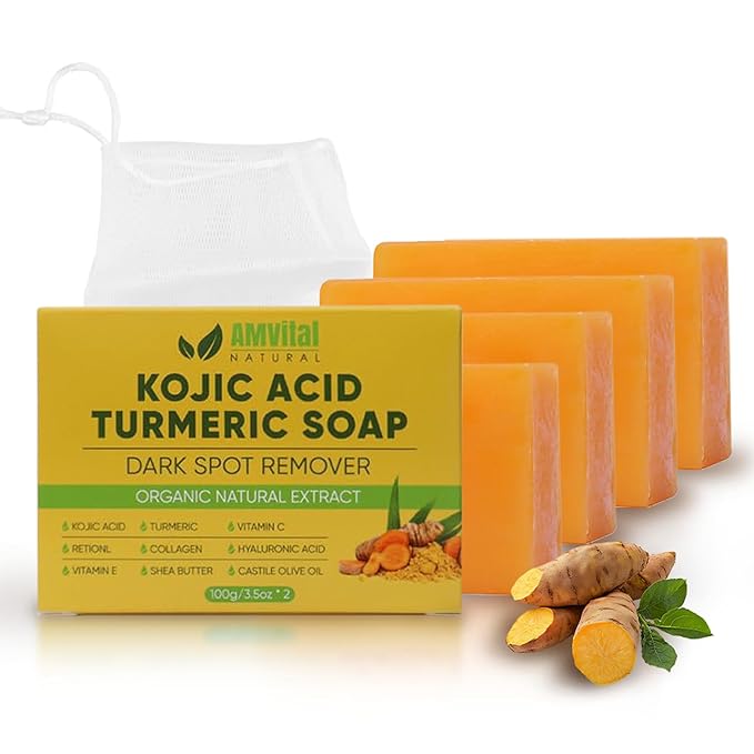 Turmeric Kojic Acid Soap Bars with Vitamin C, Retinol & Hyaluronic Acid – Face & Body Soap with Collagen & Shea Butter – 4-Pack Cleansing Bars for All Skin Types