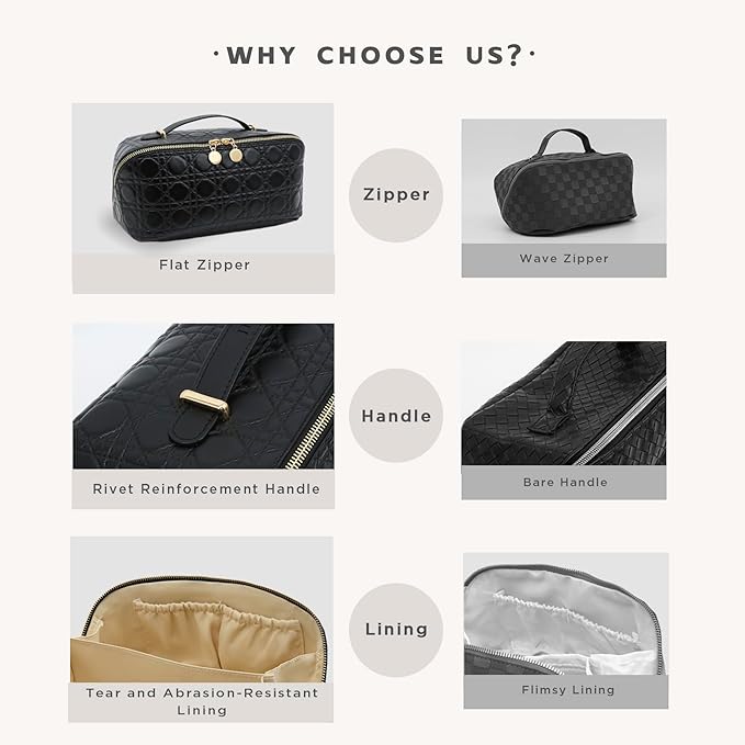 Travel Makeup Bag – Large Cosmetic Organizer with Waterproof PU Leather, Smooth Double Zipper & Tear-Resistant Lining, Toiletry Pouch for Women (Black)