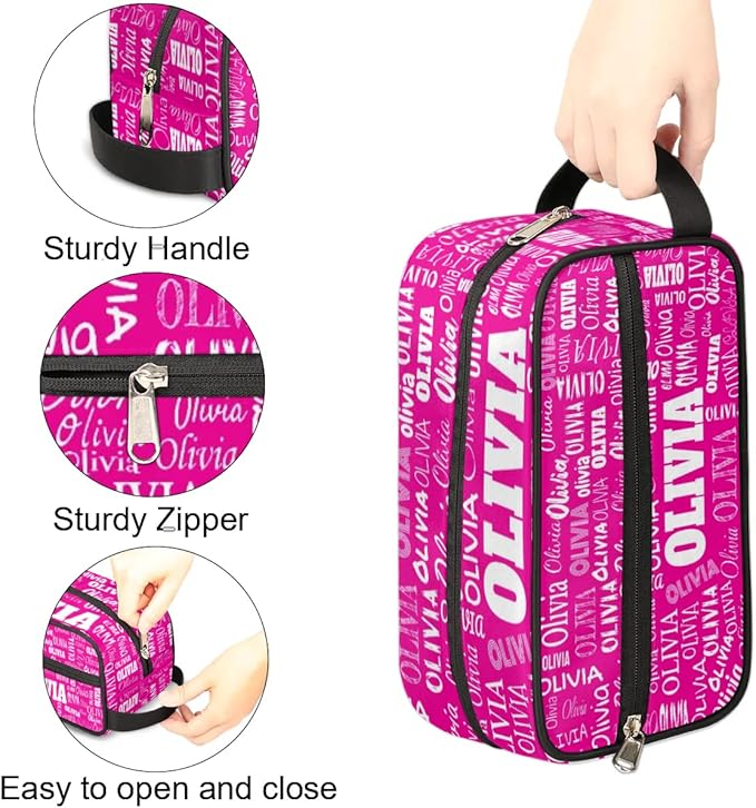 Personalized Travel Cosmetic Bag Waterproof Makeup Bags, Custom Name Rosy Pink Organizer Case Toiletries Container Bag