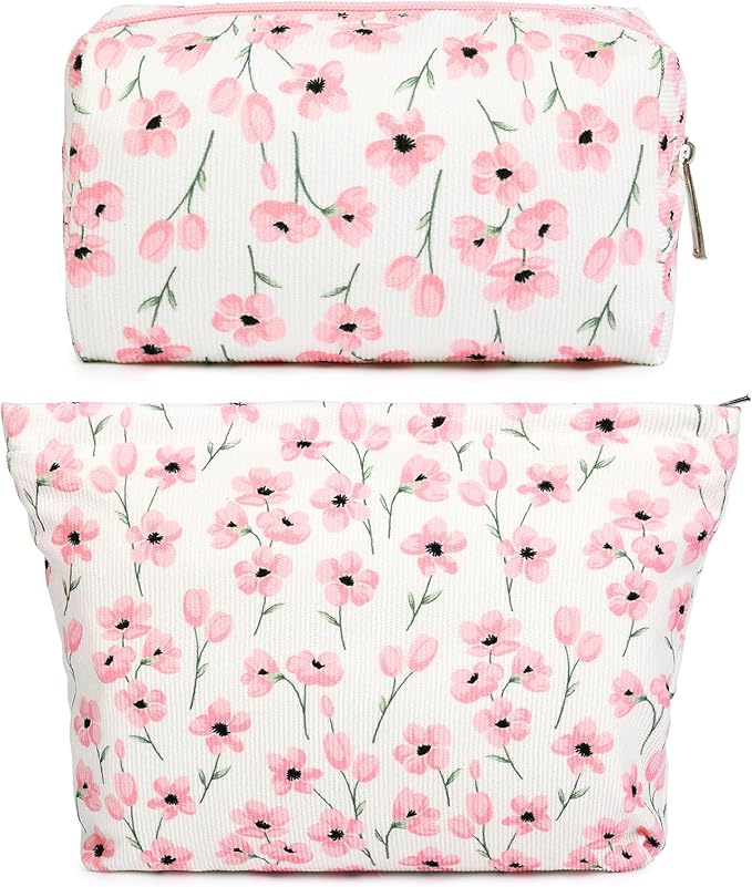 SOIDRAM 2 Pieces Flower Makeup Bag Large Floral Cosmetic Bag Capacity Canvas Mix Travel Toiletry Bag Organizer Cute Makeup Brushes Aesthetic Accessories Storage Bag for Women, Flower Mix Pink