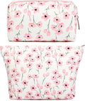 SOIDRAM 2 Pieces Flower Makeup Bag Large Floral Cosmetic Bag Capacity Canvas Mix Travel Toiletry Bag Organizer Cute Makeup Brushes Aesthetic Accessories Storage Bag for Women, Flower Mix Pink