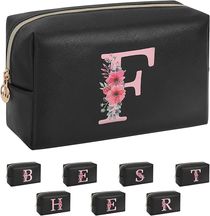 Personalized Initial Makeup Bag, Birthday Gifts for Women and Girls, Small Makeup Pouch Travel Toiletry Bag, Make Up Organizer Bag Gift Trendy Stuff for Friend Mom Teacher, Black