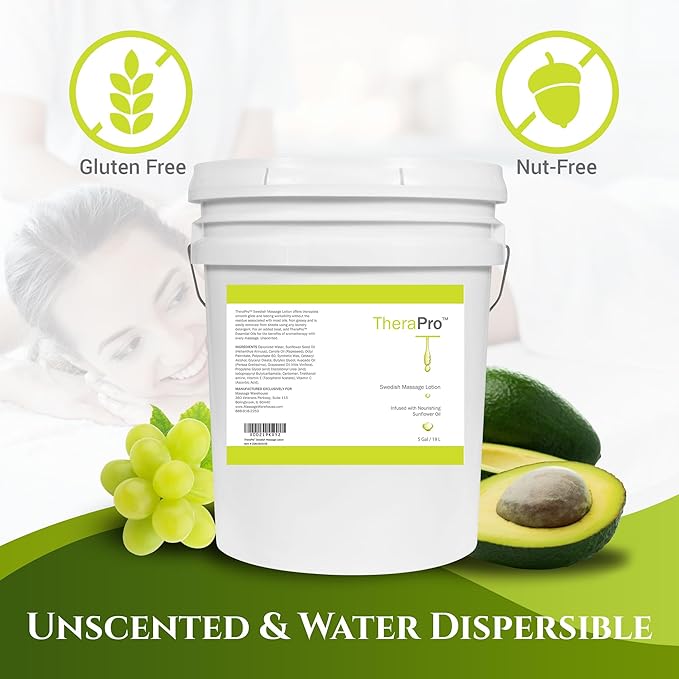 TheraPro Swedish Massage Lotion - 5 Gallon, Unscented, Water Dispersible, Deep Tissue, Smooth Glide