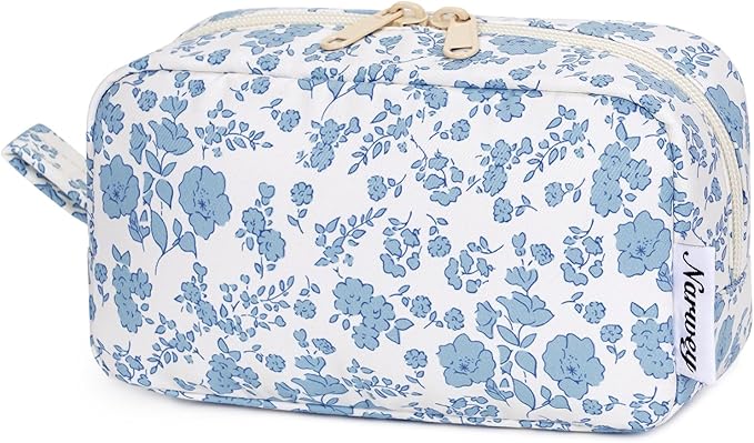 Narwey Small Makeup Bag for Purse Travel Makeup Pouch Mini Cosmetic Bag Zipper Pouch for Women (Little Blue Flower, Small)