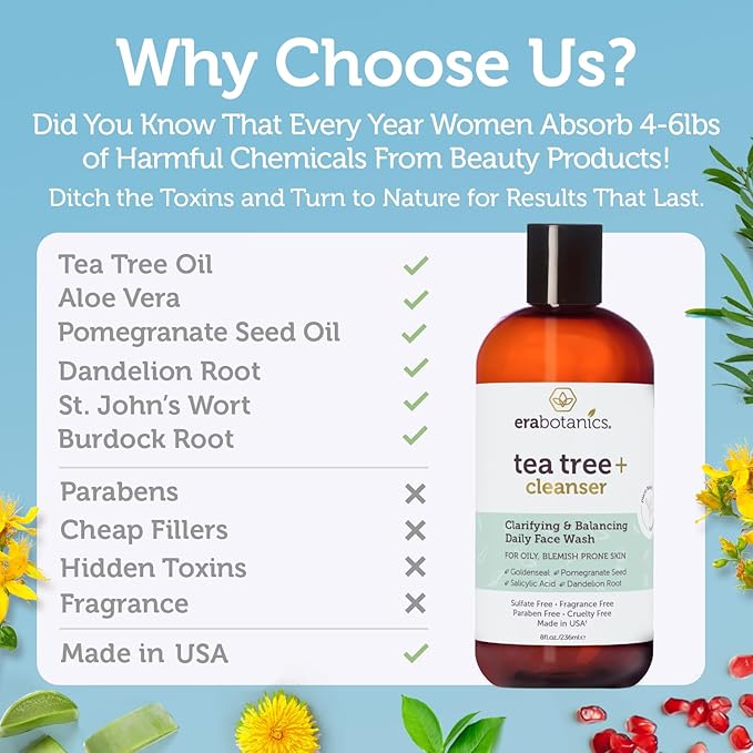 Era Organics Purifying Tea Tree Oil Face Wash - Balancing Cleanser for Oily, Blemish-Prone Skin with Salicylic Acid - Sulfate-Free, Fragrance Free, Made in USA