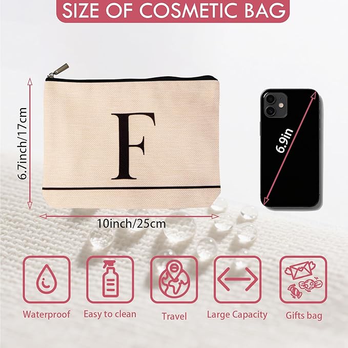 Letter A-Z Initial Personalized Makeup Bags, Birthday Gifts for Women, Monogrammed Gifts for Women Mom Sister Best Friend Bride Bridesmaid, Mothers Day, Christmas, Small Travel Cosmetic Bag (F)