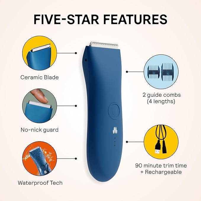 MERIDIAN The Trimmer Original - Body Hair Trimmer for Men, Electric Shaver for Pubic Hair, Chest, Legs & Bikini, Waterproof & Rechargeable, Ocean