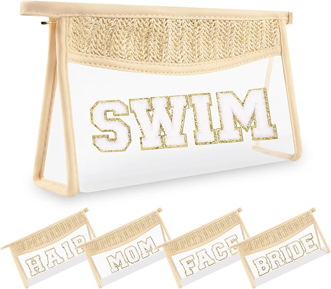 Small Boho Straw Clear Swim Makeup Bags for Women&Girls, Zipper Cosmetic Bag Chenille Varsity Letter Patch Bag, Preppy Cute Toiletry Pouch, Trendy Organizer Storage Bag for Beach Travel Essentials