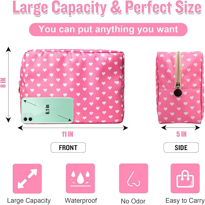 Nylon Large Makeup Bag Travel Cosmetic Bag Pouch, Big Preppy Makeup Bag Cute Cosmetic Zipper Pouch Purse, Waterproof Toiletry Bag Clutch Makeup Organizer Travel Essentials for Women Girls(Pink Heart)