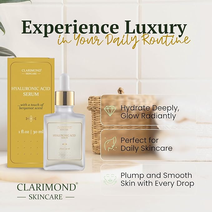 CLARIMOND Hyaluronic Acid Serum for Face – 2% Concentration with Niacinamide, Centella Asiatica, Aloe Vera, Chamomile & Bergamot, Deep Hydration - Skin Repair – Calming Effect