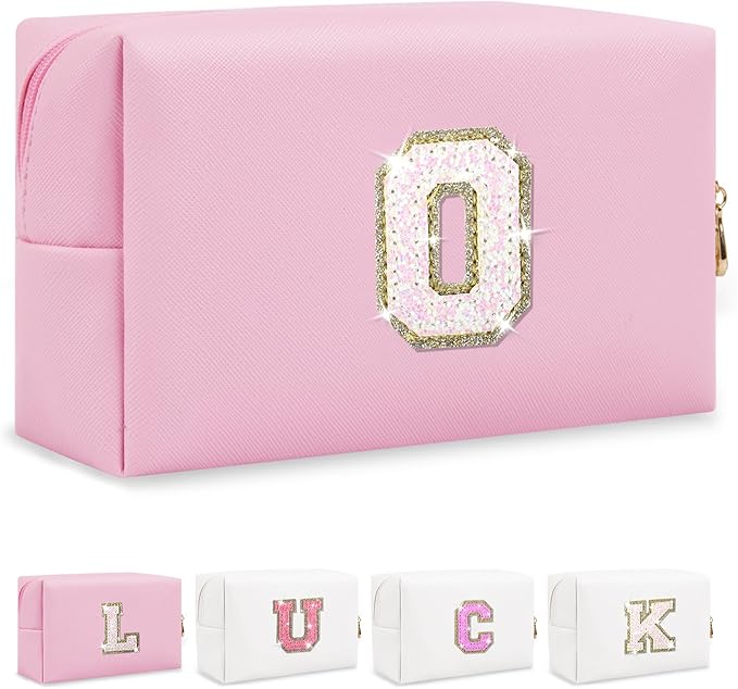 Personalized Initial Letter Makeup Bag, Small Glitter Letter Patch Cosmetic Pouch Zipper, Preppy Makeup Organizer PU Waterproof Travel Toiletry Bag, Monogrammed Birthday Gift for Women Girls