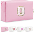 Personalized Initial Letter Makeup Bag, Small Glitter Letter Patch Cosmetic Pouch Zipper, Preppy Makeup Organizer PU Waterproof Travel Toiletry Bag, Monogrammed Birthday Gift for Women Girls