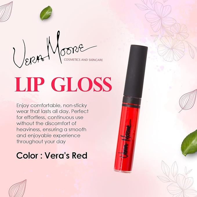 Lip Gloss, Moisturizing Lip Color with Shimmer for Long Lasting Shine, Lightweight Lip Stain, Girls Non-Sticky Lip Gloss with Aloe Vera, W/Vitamin C, E (Vera's Red)