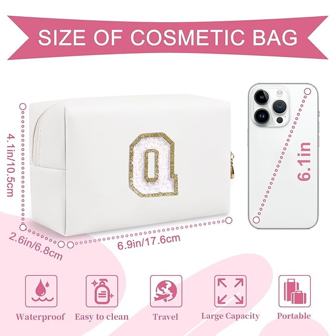 Small Personalized Initial A-Z Preppy Patch Makeup Bag,White PU Chenille Letter Travel Cosmetic Pouch with Zipper,Cute Toiletry Bag,Gift Ideal for Teen Girls Women Teacher Bridesmaid,Letter Q