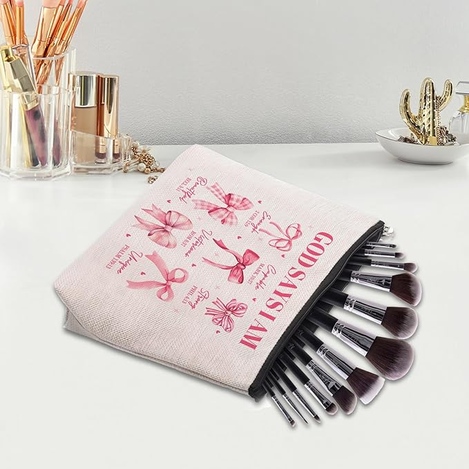 God Says I Am Makeup Bag, Pink Coquette Bow Bible Verse Cosmetic Bag, Inspirational Christian Gifts for Women, Religious Faith Based Gifts Inspirational Affirmations Gift Bag