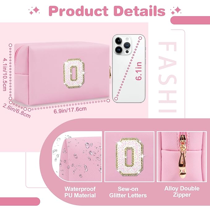 Small Personalized Initial A-Z Patch Makeup Bag,Pink Cute PU Leather Glitter Letter Cosmetic Bag for Teen Girls,Travel Toiletry Bag with Zipper,Preppy Monogrammed Birthday Gift for Daughter Niece O