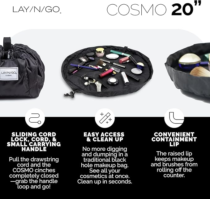 Lay-n-Go Cosmo Drawstring Cosmetic & Makeup Bag Organizer - Portable Drawstring Makeup Bag w/Zipper Pocket, Makeup Loops & More - Durable, Machine Washable Toiletry Sack for Travel (20", Pink Camo)