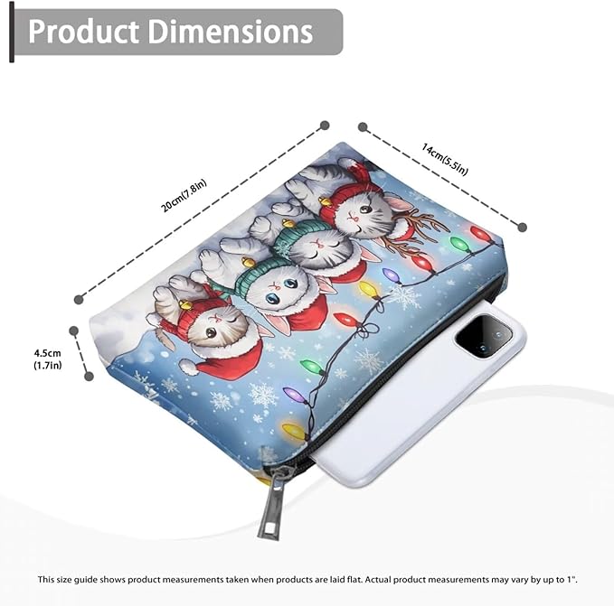 COEQINE Cute Makeup Bags for Women Christmas Cat Kawaii Cosmetic Zipper Pouch Bags with Zipper Soft Leather Makeup Brush Holder Storage Toiletry Holiday Handbag