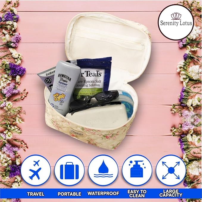 Large Travel Quilted Makeup Bag for Women, Floral Cotton Cosmetic Bag, Coquette Aesthetic Floral Toiletry Organizer Bag