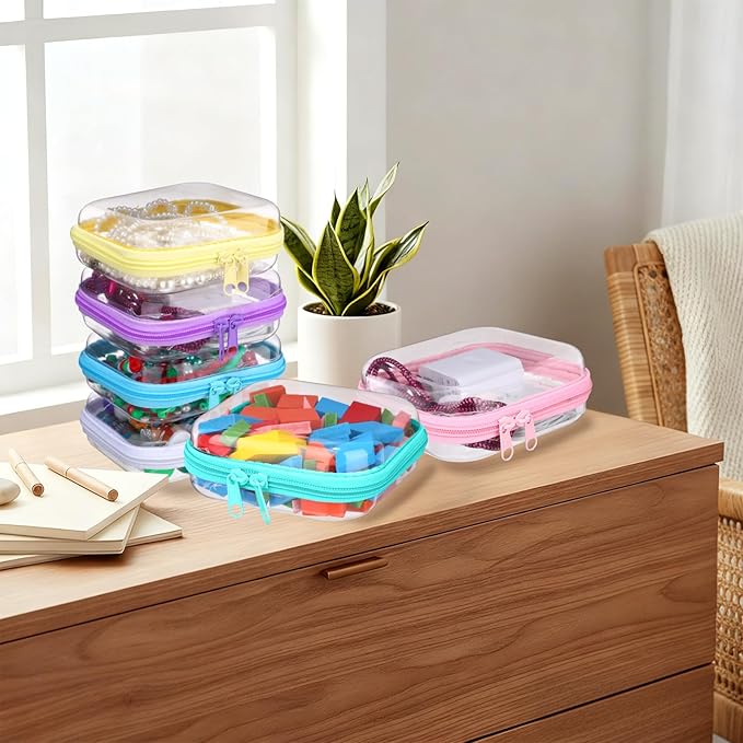 Sanwuta 6 Pcs Clear Hard Zipper Case Hard Plastic Zipper Pouches Makeup Bag Pencil Pouches Transparent Cases for Snacks Plastic Storage Organizer Box for Travel(Colorful,5 x 5 x 2 Inch)
