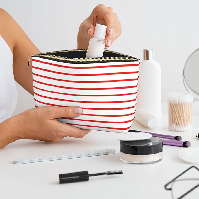 Womens Leather Makeup Bag Cosmetic Bag Travel Toiletry Bags Make Up Bags for Women Adult (White Red Line 2)
