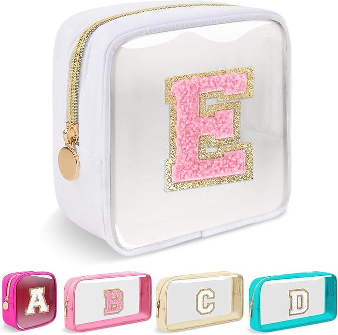Mini Clear Personalized Initial Makeup Bag,Nylon Preppy A-Z Chenille Letter Patch Zipper Cosmetic Bag, Small Cute Beach Pouch Travel Purse Sanitary Napkin Storage Bag for Women Girls(White-Pink E)
