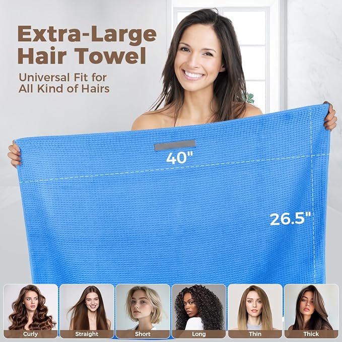 HOMEXCEL 2 Pack XL Microfiber Hair Towels Waffle Weave- 40 x 26.5 inches Fast Drying Turbans for Long, Thick, Curly Hair - Anti Frizz Wrap with Elastic Strap, Blue/Pink