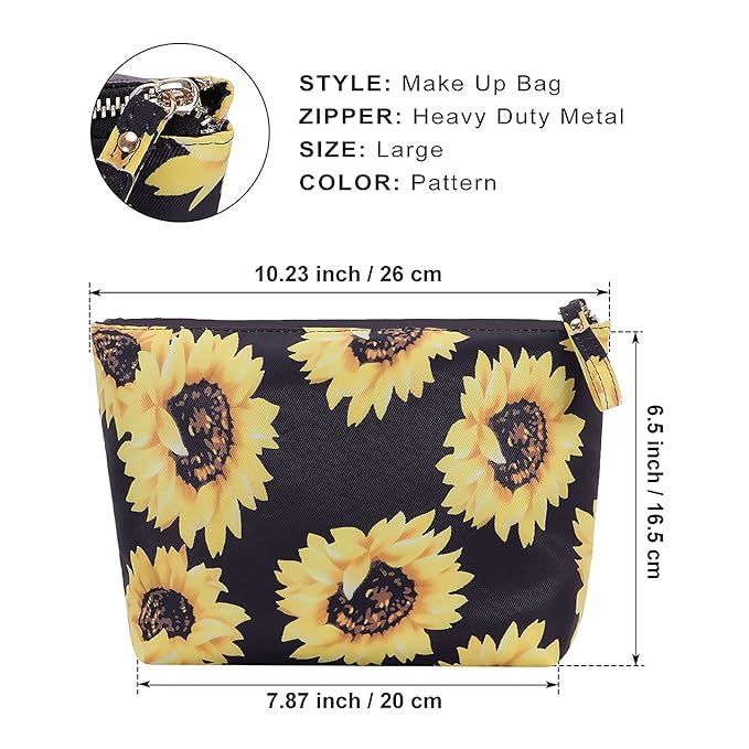Cosmetic Bag for Women Make up Storage Pouch Case Portable Zipper Travel Accessories Organizer for Toiletry Water Repellent, Sunflower