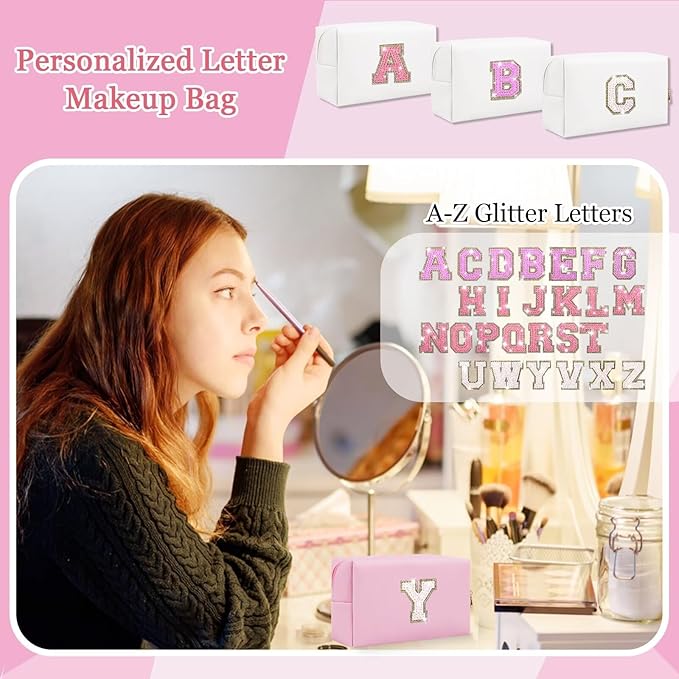 Small Personalized Glitter Initial Letter Makeup Bag, Cute PU Leather Chenille Letters Cosmetic Bag Travel Makeup Pouch, Preppy Travel Organizer Zipper Pouch for Women&Girls（Pink-Y）