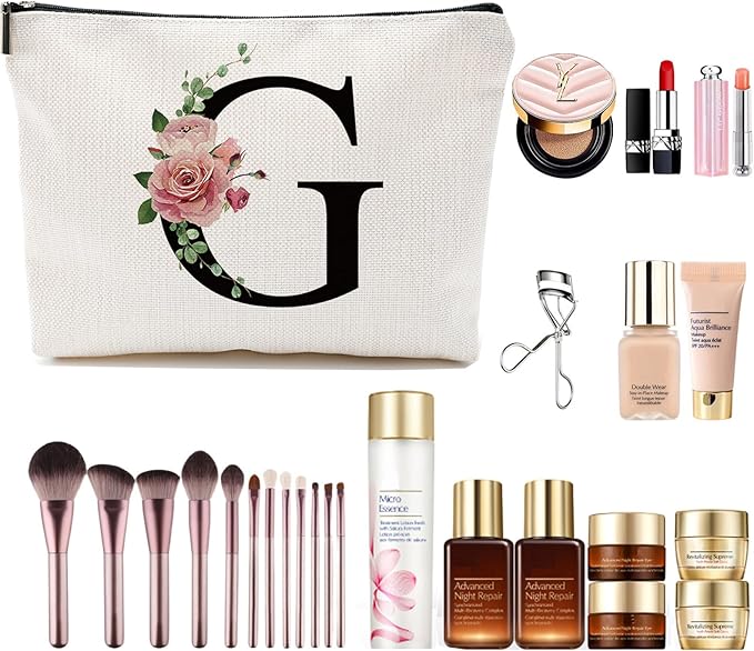 Initial A-Z Personalized Letter Makeup Bag, Monogrammed Bridesmaid Gifts/Presents Cosmetic Bag, Portable Stationery Storage Organizer Pouch, Friendship Love Travel Makeup Bags