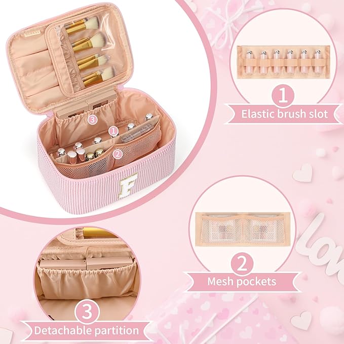 OCHEAL Makeup Bag for Women, Monogram Cosmetic Bag with Brush Holder, Pink Travel Makeup Case Beauty Toiletry Bag Organizer Personalized Gifts for Girls Bridesmaid, Sister, Wife, Friends Initial F