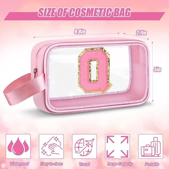 Initial Makeup Bag,Letter Q Cute Clear Monogrammed Cosmetic Travel Bag for Womens Girls,Personalized Pink Aesthetic Traveling Make Up Organizer Bag for Beach,Waterproof Toiletry Bag