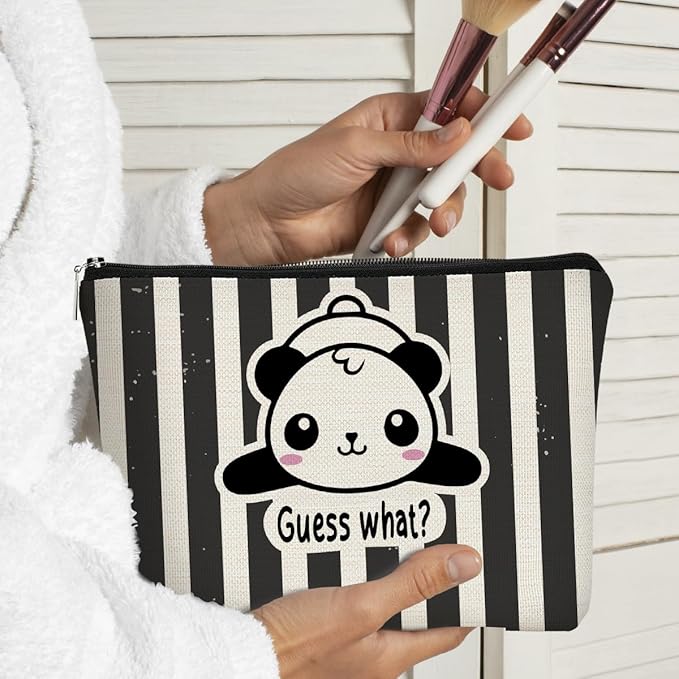 Panda Gifts Makeup Bag for Women Girls - Cute Baby Panda 'Guess What It's Pug Butt' Cosmetic Case for Teens Daughter - Accessories (Black and White Stripe 1)