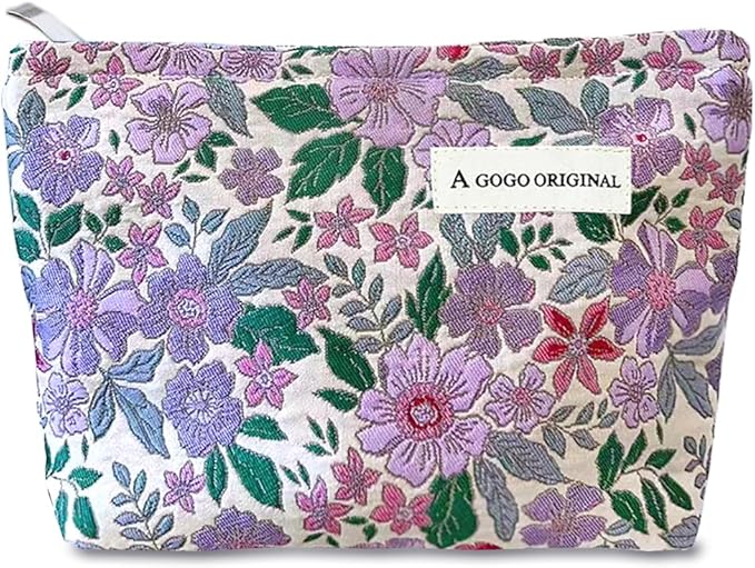 STARDW Aesthetic Floral Makeup Bag Cute Small Cosmetic Bags for Women Girls, Travel Toiletry Bag Large Capacity Zipper Makeup Pouch, Purse Organizer Pouches (Purple Florals)