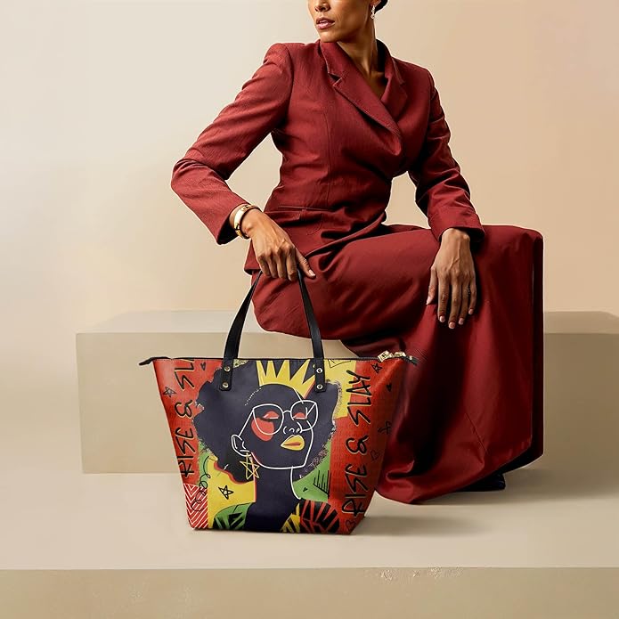 African Black Women's Leather Tote Bag, Large, Premium Vegan Leather, Full Zip, Perfect Christmas Gifts For Women