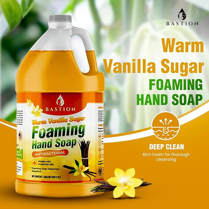 Bastion Foaming Hand Soap - Foam Hand Wash Refill for Bath And Body Works, Dial, Method, Michel, JR Watkins, Dove - Warm Vanilla Sugar w/Essential Oils in One Gallon (128 oz) Bulk Bottle