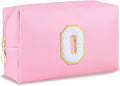 Initial Makeup Bag Personalized Preppy Travel Small Cosmetic Bag Cute PU Pink Chenille Letter Makeup Pouch for Purse Waterproof Zippered Toiletry Organizer for Women Girls Kids Friends (O)