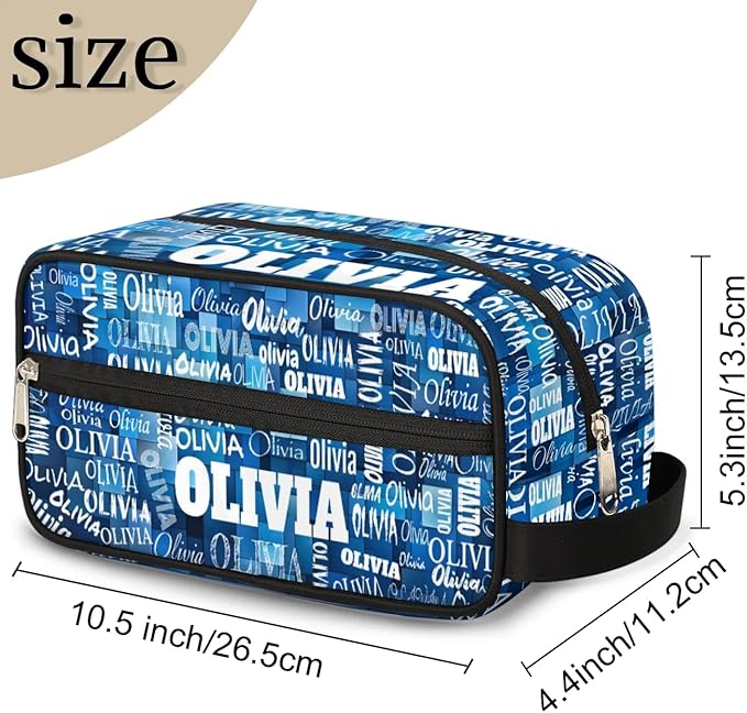 Custom Name Makeup Bag Travel Bag, Toiletry Bag Travel Large Capacity Cosmetic Container Organizer for Shampoo, Blue Geometric Pattern