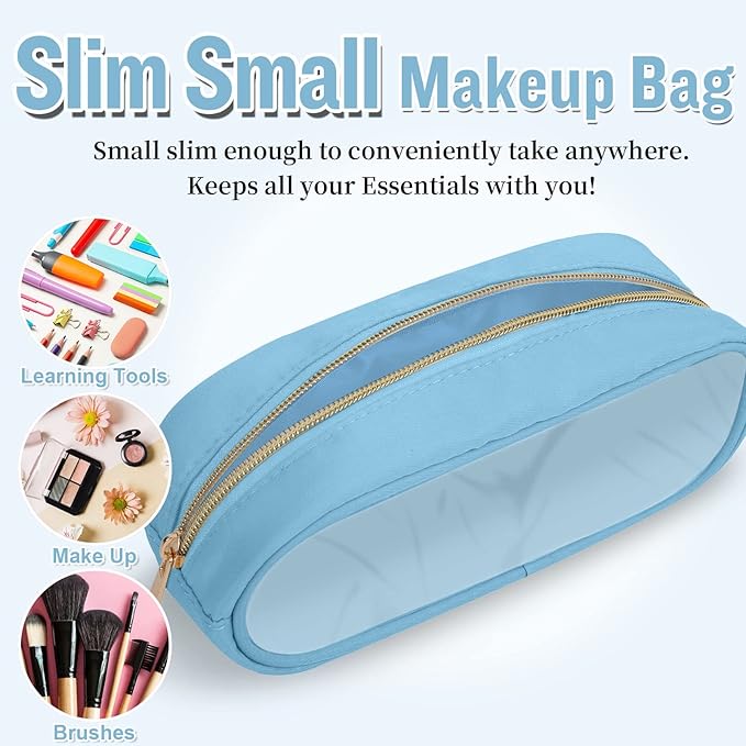 Preppy Cosmetic Clutch - Transparent PVC & Nylon Travel Toiletry Case, Slim Zipper Pouch for Purse, Cute Makeup Brush Case for Women(Blue)