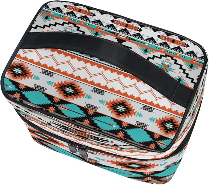 AUUXVA Travel Cosmetic Bag Ethnic Geometric Chevron Aztec Makeup Bag Large Organizer Portable Toiletry Bag Storage Train Case Zipper Brush Bag for Women and Girls