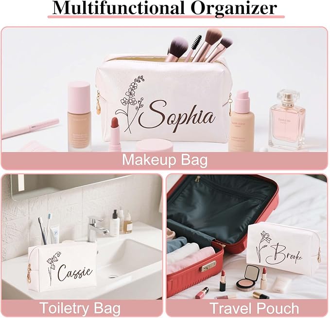 Personalized Makeup Bag with Name & Birth Flower, Custom Leather Cosmetic Bags for Women, Customized Travel Toiletry Bag Gifts for Bridesmaid Wedding