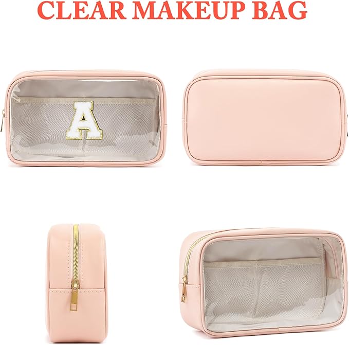 Clear Makeup Bag with 2 Customizable Chenille Letters - Waterproof PU Leather Cosmetic Case, Large Personalized Toiletry Pouch for Women & Teens, Ideal for Travel & Gift