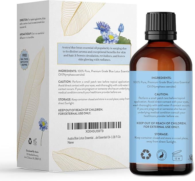 Avatra Blue Lotus Essential Oil for Diffuser, Skin & Candles | Natural & Undiluted Essential Oil | Aromatherapy, Soaps, Candles | Therapeutic Grade Essential Oil- 3.38 Fl Oz