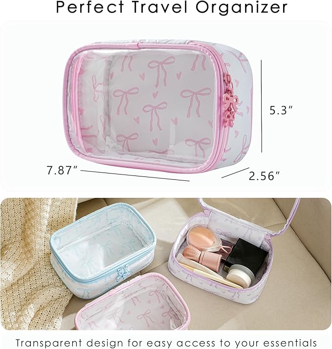 Cute Clear Makeup Bag with Bow Pattern,Transparent Nylon Travel Cosmetic Case with Zipper,Portable Makeup Organizer Pouch for Essentials(01Pink)
